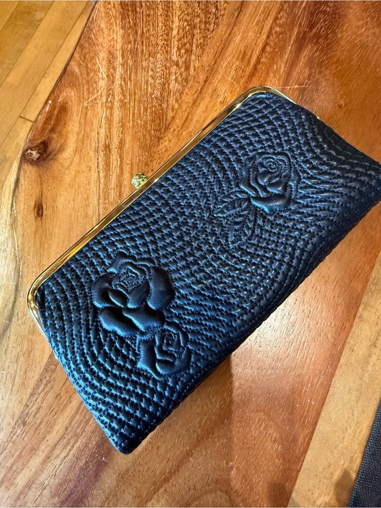 HOBO Handbags - HOBO Lauren Black Quilted Rose Embroidered Clutch with Gold Frame